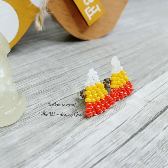 Candy Corn Beaded Stud Earrings, Cute Autumn Jewelry - Picture 3 of 4
